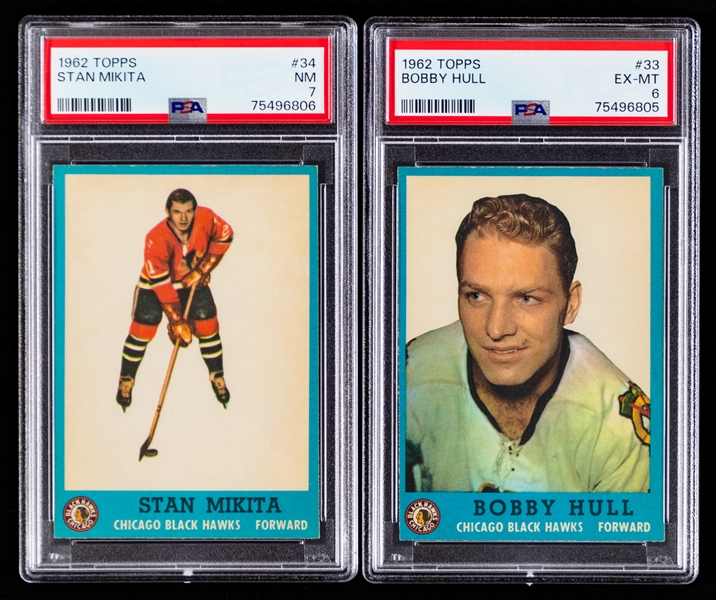 1962-63 Topps Hockey Complete 66-Card Set with PSA-Graded Cards of HOFers #33 Bobby Hull (EX-MT 6) and #34 Stan Mikita (NM 7)
