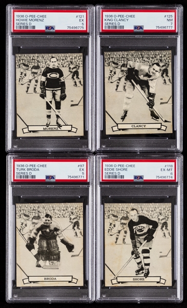 1936-37 O-Pee-Chee Series "D" (V304D) Hockey Complete 36-Card Set with PSA-Graded Cards (9) Inc. HOFers #121 Morenz (EX 5), #97 Broda Rookie (EX 5), #118 Shore (EX-MT 6) and #125 Clancy (NM 7)