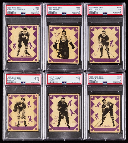 1937-38 O-Pee-Chee V304 Series "E" Hockey Complete 48-Card Set (All Purple Borders) with PSA-Graded Cards (6) Inc. HOFers #138 Conacher (VG-EX+ 4.5), #133 Broda (VG+ 3.5) and #160 Blake Rookie (VG 3)