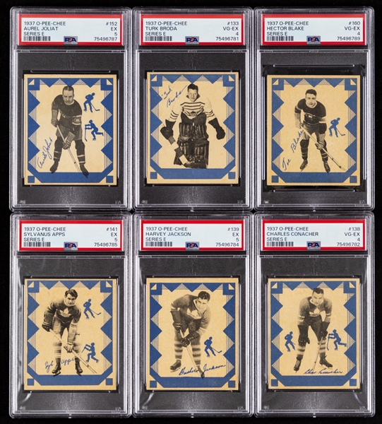1937-38 O-Pee-Chee V304 Series "E" Hockey Complete 48-Card Set (All Blue Borders) with PSA-Graded Cards (6) Inc. HOFers #152 Joliat (EX 5), #133 Broda (VG-EX 4) and #160 Blake Rookie (VG-EX 4)