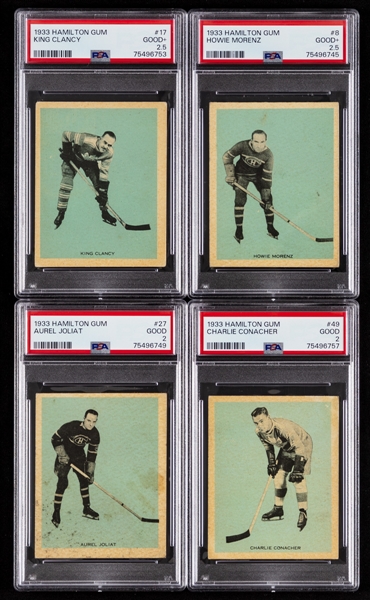 1933-34 Hamilton Gum V288 Hockey Complete 21-Card Set (Blue Background) with PSA-Graded Cards of HOFers #8 Morenz (G+ 2.5), #17 Clancy (G+ 2.5), #27 Joliat (G 2) and #49 Conacher Rookie (G 2)