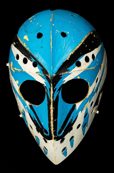 Vintage 1970s Fibrosport Fiberglass Goalie Mask (Jacques Plantes Company) - Blue and Black Painted Design