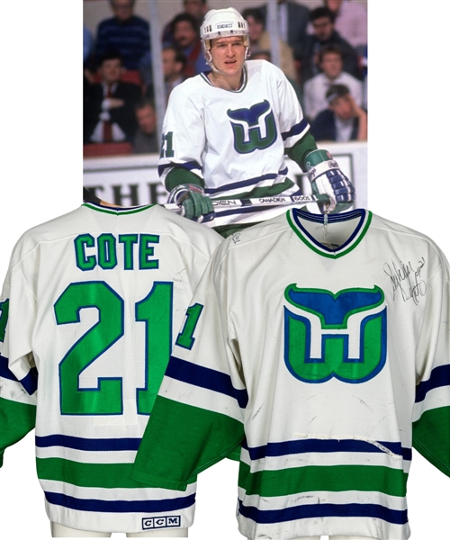 Sylvain Cotes 1989 Hartford Whalers Signed Game-Worn Jersey - Nice Game Wear! - Numerous Team Repairs! – Worn in 1988-89 Stanley Cup Playoffs and 1989-90 Regular Season! – Photo and Video-Matched!