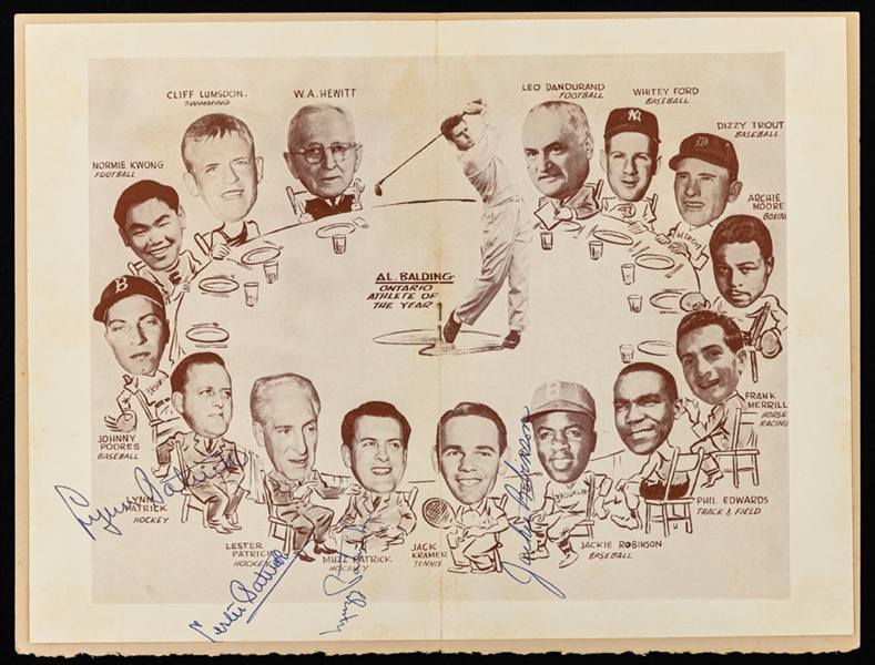 1956 Ontario Sports Writers Fifth Annual Celebrities Dinner Program Signed by Jackie Robinson Plus Lester, Lynn and Muzz Patrick with JSA LOA