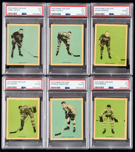 1933-34 Hamilton Gum V288 Hockey Complete 21-Card Set with PSA-Graded Cards (6) Inc. HOFers #8 Morenz (Good+ 2.5), #11 Bailey Rookie (VG-EX 4), #17 Clancy (EX+ 5.5) and #49 Conacher Rookie (VG-EX 4)