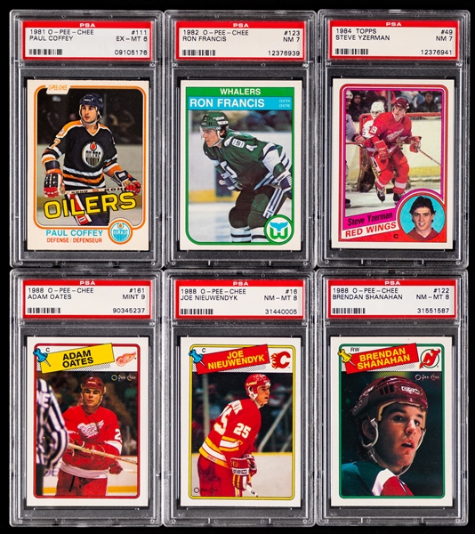 1975-76 to 1988-89 O-Pee-Chee and Topps Graded Hockey Card Collection of 10 Including Rookie Cards of Coffey, Francis, Yzerman, Oates, Nieuwendyk and Shanahan