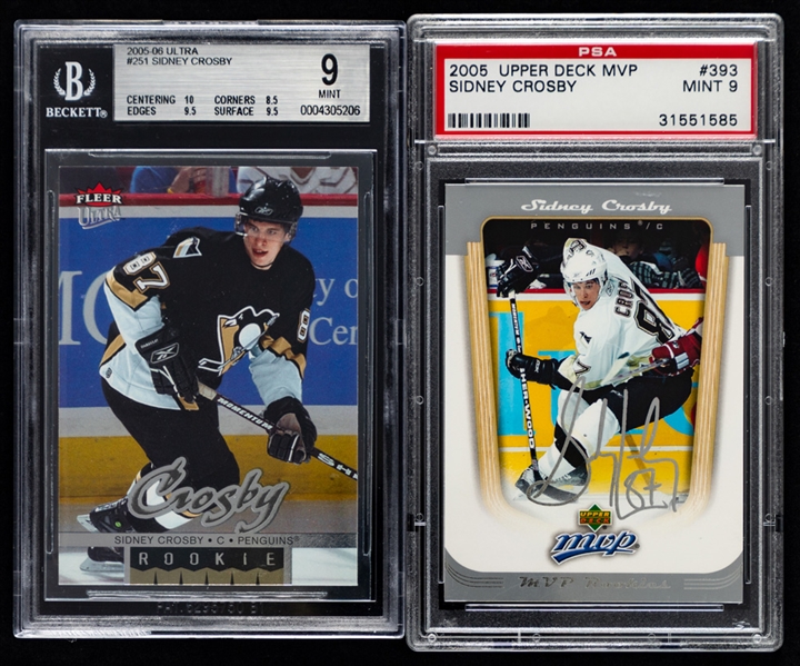 Sidney Crosby Graded Rookie Card Collection (5) Including 2005-06 Fleer Ultra #251 (Graded Beckett 9) and 2005-06 Upper Deck MVP #393 (Graded PSA 9)