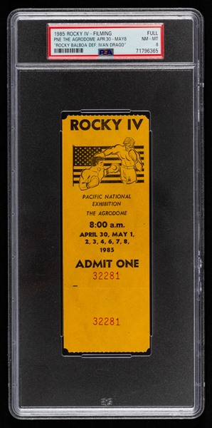 1985 Rocky IV Filming Full Ticket Rocky Balboa Defeats Ivan Drago - Graded PSA 8