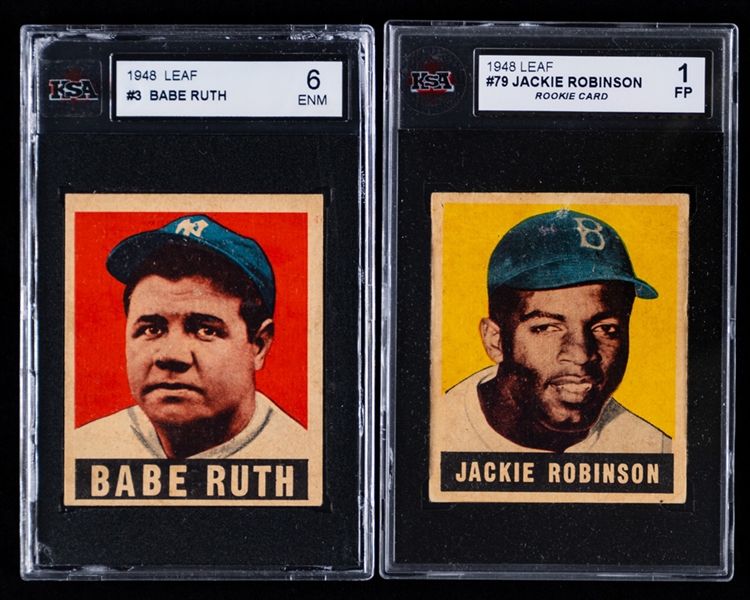 1948-49 Leaf Gum Co. Baseball Card Starter Set (49/98) Including #3 HOFer Babe Ruth (Graded KSA 6) and #79 HOFer Jackie Robinson Rookie (Graded KSA 1)