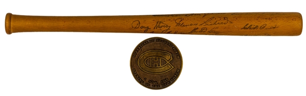 Montreal Canadiens 1957-58 Miniature Baseball Bat with Stamped Signatures Plus 1968 Montreal Forum Reopening Night Bronze Medallion