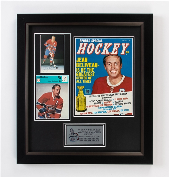 Deceased HOFer Jean Beliveau Montreal Canadiens Signed Postcard, Magazine and Sportscaster Card Framed Display with LOA (19" x 22")