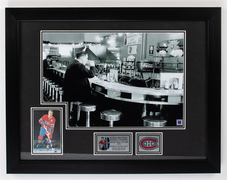 Deceased HOFer Jean Beliveau Montreal Canadiens Signed Postcard and Photo Framed Display with LOA (21" x 27")