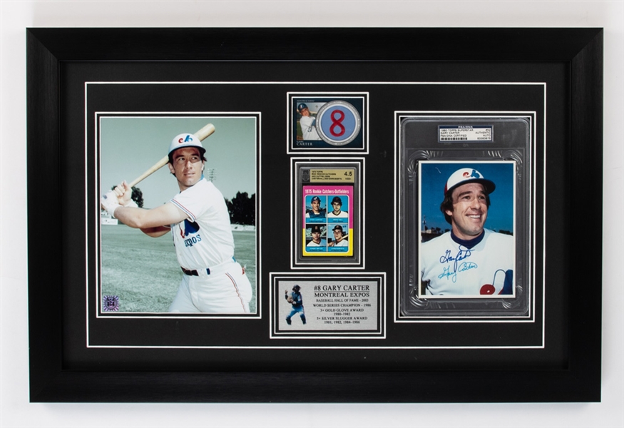 Gary Carter Montreal Expos Signed 1980 Topps Superstar (Certified by PSA/DNA), Topps Rookie Card (Graded 4.5 by ACA) and Photo Framed Display with LOA (19" x 29")