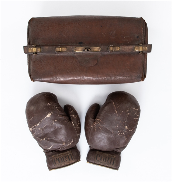 HOFer Kid Galivans September 13, 1952 vs Eduardo Lausse Match-Worn Corti Boxing Gloves and Medical Bag with LOA