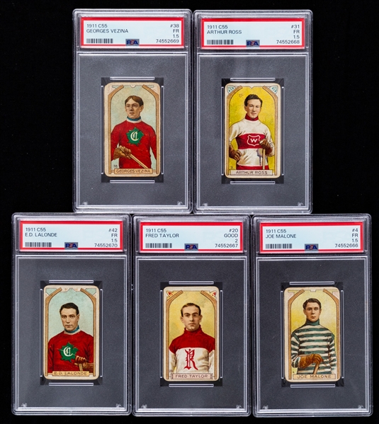1911-12 Imperial Tobacco Hockey C55 Near Complete Card Set (43/45) with PSA-Graded Cards (5) Inc. HOFers #38 Georges Vezina Rookie (FR 1.5), #31 Art Ross (FR 1.5) and #42 Newsy Lalonde (FR 1.5)