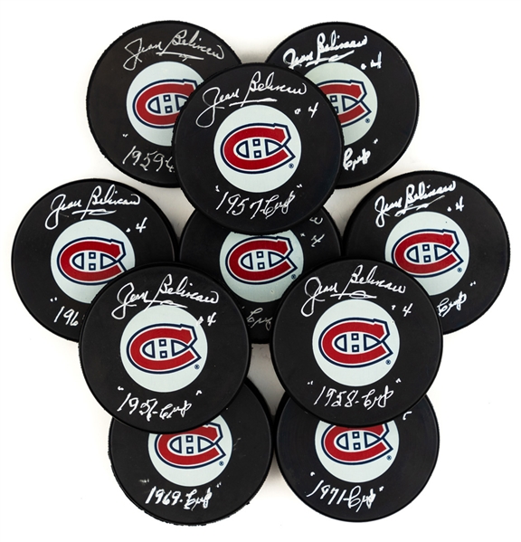 Jean Beliveau Montreal Canadiens “10 Career Stanley Cups” Signed Puck Collection of 10 with Annotations 