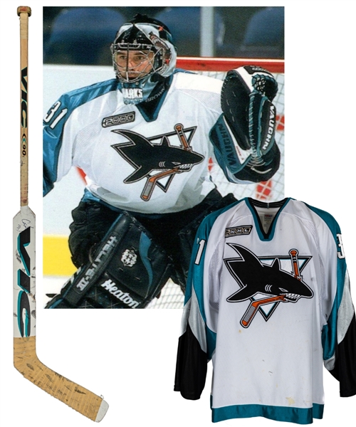 Steve Shields 1999-2000 San Jose Sharks Game-Worn Jersey and Late-1990s Signed Vic Game-Used Stick - 2000 Patch! 