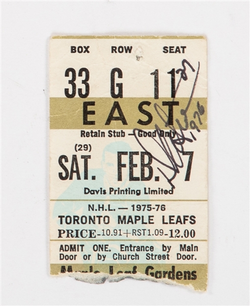 Maple Leaf Gardens February 7th 1976 Ticket Stub - Toronto Maple Leafs vs Boston Bruins - Darryl Sittler NHL Record 10-Point Game! - Signed by Sittler with JSA LOA