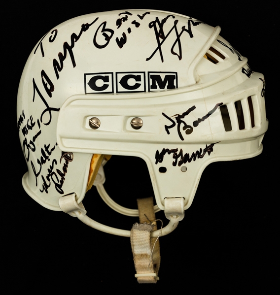 1981 IIHF World Championship Team Canada Team Signed Helmet Attributed to Guy Lafleur Including HOFers Lafleur, McDonald, Gartner and Robinson Plus Framed Presentation Team Photo