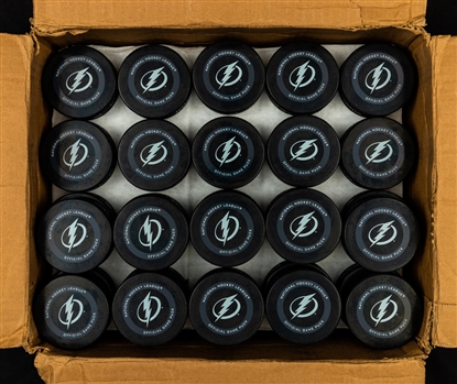 Tampa Bay Lightning 2019-20 Official NHL Playoff Pucks (70) In Original Box - Addressed to Scotiabank Arena for Toronto Bubble Games