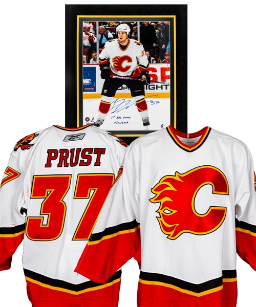 Brandon Prusts 2006-07 Calgary Flames 1st NHL Game Game-Worn Jersey with Team LOA Plus 1st NHL Game Signed Photo