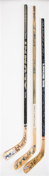 NHL Alumni, Legends and Oldtimers Signed Stick Collection of 3 Including HOFers Bower, Hull, Howell, Bathgate, Stanley, Fuhr, Park, Lapointe and Others