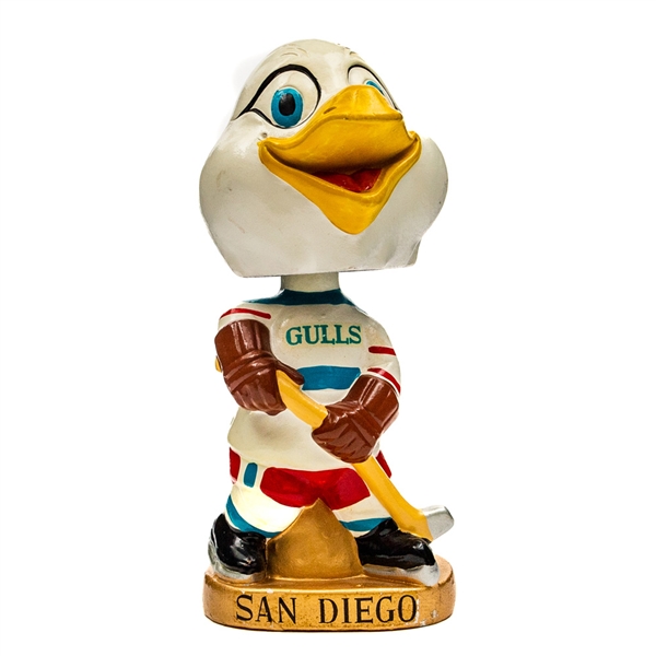1967-68 San Diego Gulls Gold Base Mascot Nodder / Bobbing Head Doll - Red Pants Teal Team Logo Variation 