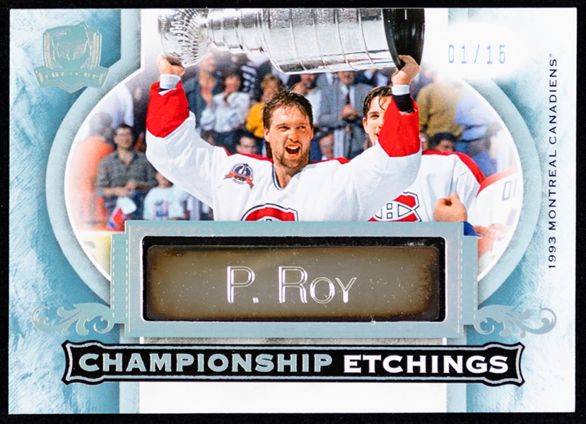 2015-16 Upper Deck The Cup Championship Etchings Hockey Card #CE-PR of HOFer Patrick Roy (01/15)