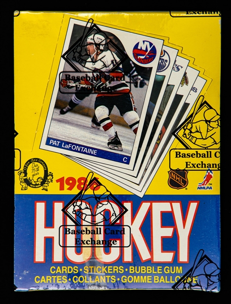 1985-86 O-Pee-Chee Hockey Wax Box (48 Unopened Packs) - BBCE Certified - Mario Lemieux Rookie Card Year! - Lemieux Box Bottom!
