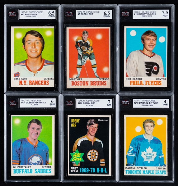 1970-71 O-Pee-Chee Hockey Complete 264-Card Set - Includes KSA-Graded Cards (34) Inc. Rookie Cards of HOFers #195 Clarke (NM+ 7.5), #131 Perreault (ENM 6), #218 Sittler (VGE 4) and #67 Park (ENM+ 6.5)