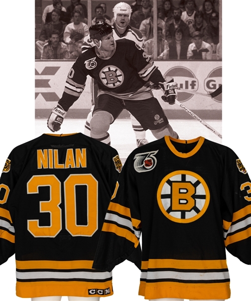 Chris Nilans 1991-92 Boston Bruins Game-Worn Jersey - 75th Patch! - Photo-Matched!