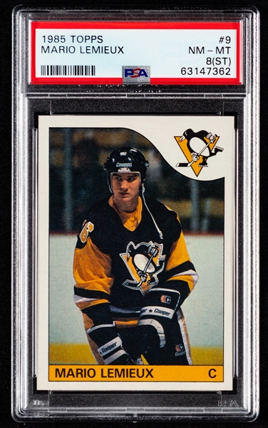 1985-86 Topps Hockey Card #9 HOFer Mario Lemieux Rookie - Graded PSA 8 (ST)