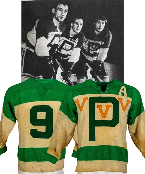 Dick Warwick’s 1952-53 OKSHL Penticton Vees Game-Worn Alternate Captain’s Jersey with LOA – Team Repairs! First-Year Style Jersey! – Photo-Matched!