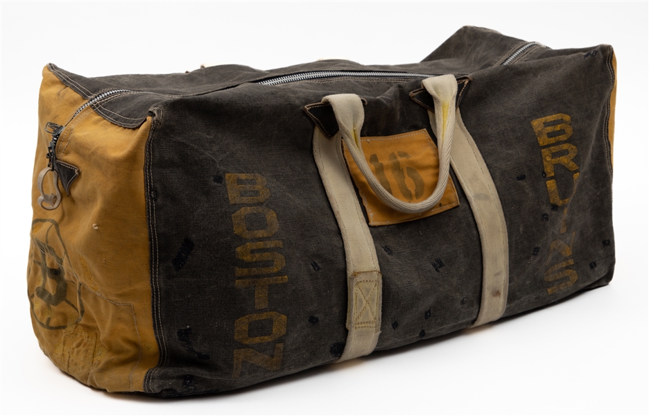 Derek Sandersons 1960s Boston Bruins Game-Used Canvas Equipment Bag with LOA - Team Repairs!
