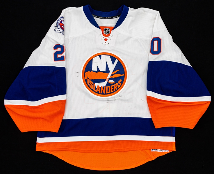 Evgeni Nabokovs 2011-12 New York Islanders Game-Worn Jersey - 40th Season Patch! - Team Repairs! - Photo-Matched to 300th Career Win! 