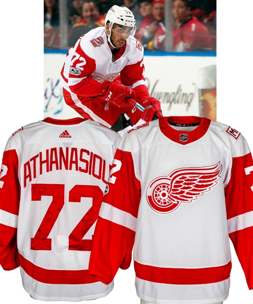 Andreas Athanasious 2017-18 Detroit Red Wings Game-Worn Jersey with COA - NHL Centennial Patch! - Little Caesars Arena 1st Season Patch! - Mike Ilitch Memorial Patch! - Team Repairs!