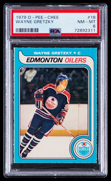 1979-80 O-Pee-Chee Hockey Card #18 HOFer Wayne Gretzky Rookie - Graded PSA 8
