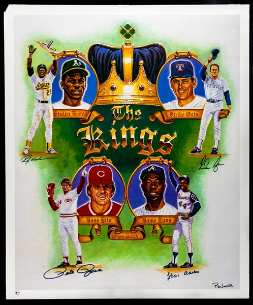 The Kings of Baseball Ron Lewis Lithograph signed by Hank Aaron, Pete Rose, Rickey Henderson & Nolan Ryan with LOA (25 1/2" x 31") 