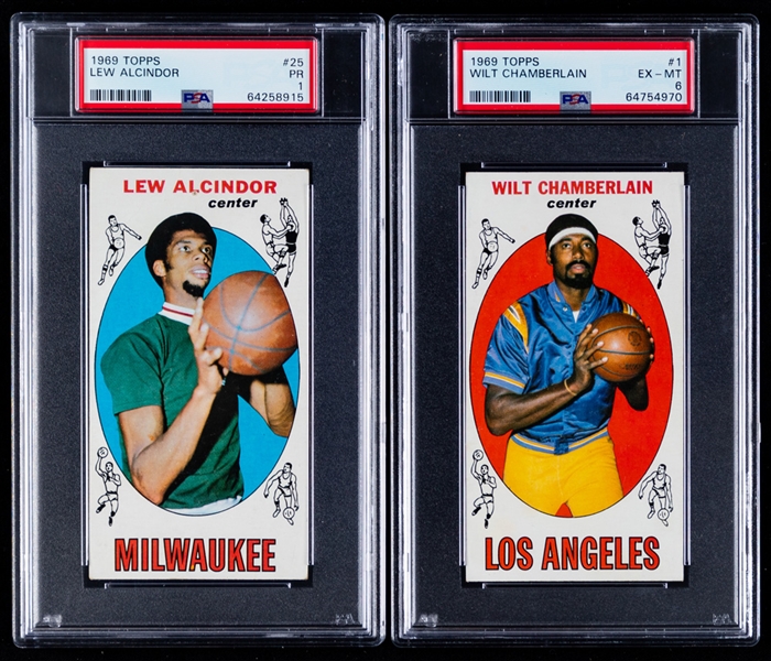 1969-70 Topps Basketball Tall Boys Complete 99-Card Set Including PSA-Graded Cards of HOFers #1 Wilt Chamberlain (EX-MT 6) and #25 Lew Alcindor Rookie (PR 1)