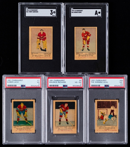1951-52 Parkhurst Hockey Near Complete Card Set (103/105) with PSA/SGC-Graded Cards (17) Including Rookie Cards of HOFers #4 M. Richard (PSA VG-EX 4), #61 Sawchuk (SGC VG 3) and #66 Howe (SGC A)