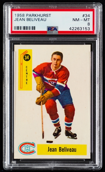 1958-59 Parkhurst Hockey Card #34 HOFer Jean Beliveau - Graded PSA 8