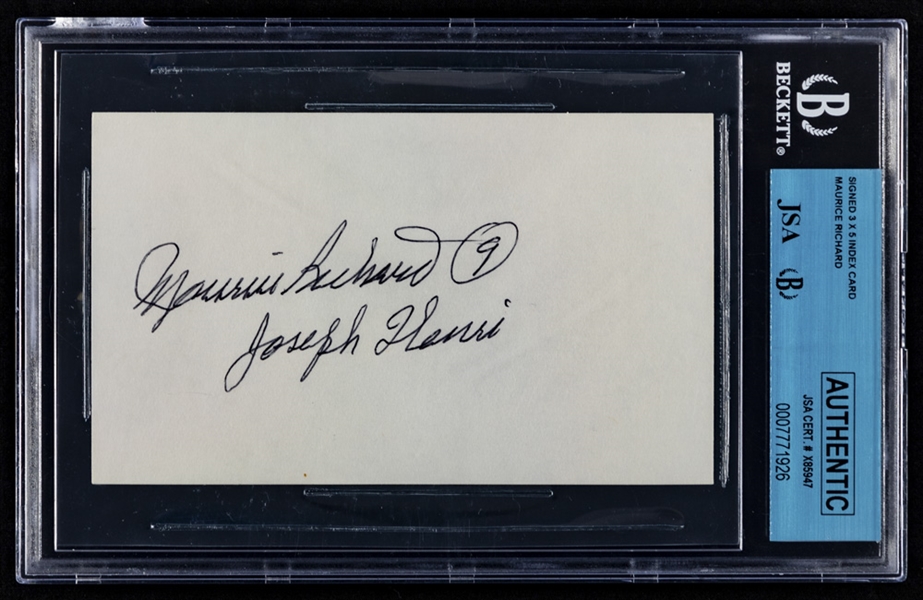 Deceased HOFer "Joseph Henri Maurice Richard" Signed Index Card JSA Certified - Rare Full Name Signature!
