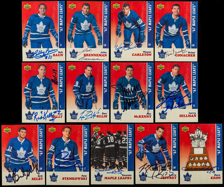 Toronto Maple Leafs Memorabilia Collection Including George Armstrong Signed Framed Photo and Custom Card, Upper Deck 1967 Stanley Cup 40th Anniversary Set and 2011-12 Team Signed Stick 