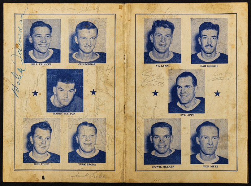 Toronto Maple Leafs vs AHL Pittsburgh Hornets 1947-48 Multi-Signed Exhibition Program with Deceased HOFers Broda, Kennedy, Day, Watson, Apps and Pratt with LOA