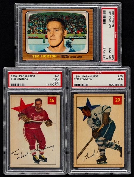 1954-55 to 1973-74 Parkhurst and Topps PSA/SGC-Graded Hockey Cards (9) Inc. 1965-66 Topps #80 HOFer Tim Horton (PSA 8) and 1954-55 Parkhurst #46 HOFer Ted Lindsay (NM 7 OC)