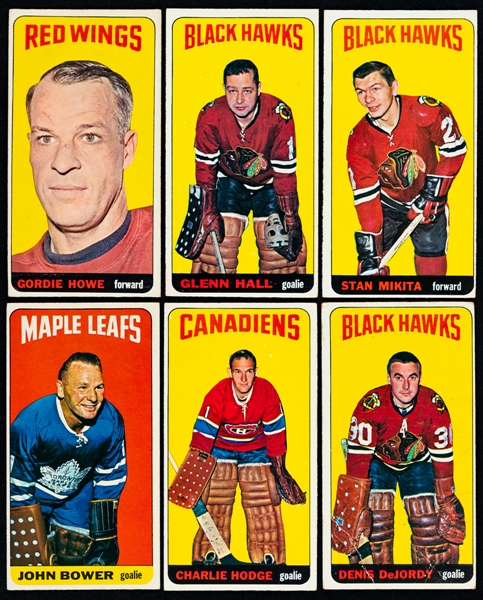 1964-65 Topps Tall Boys Hockey Cards (6) Including HOFers #89 Gordie Howe, #12 Glenn Hall, #31 Stan Mikita and #40 Johnny Bower