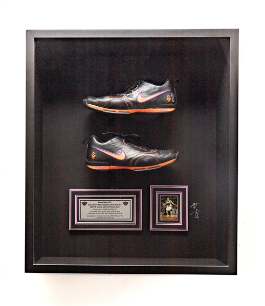 Steve Nash 2007-08 Phoenix Suns Signed Game-Worn Shoes Framed Display with WGA LOA (25 1/2" x 29 1/2") 