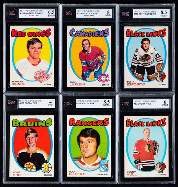 1971-72 O-Pee-Chee Hockey Complete 264-Card Set - Includes KSA-Graded Cards (50) Featuring Rookie Cards of HOFers #133 Marcel Dionne (ENM+ 6.5) and #148 Guy Lafleur (NMM 8) 