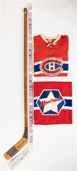 Montreal Canadiens Signed Jersey and Stick Collection of 4 with Deceased HOFers Beliveau, Moore and Richard Brothers