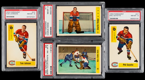 1958-59 Parkhurst PSA-Graded Hockey Cards Inc. #10 Johnson, #17 Hodge, #36 Cullen Shoots and #47 Goyette - All Graded PSA 8